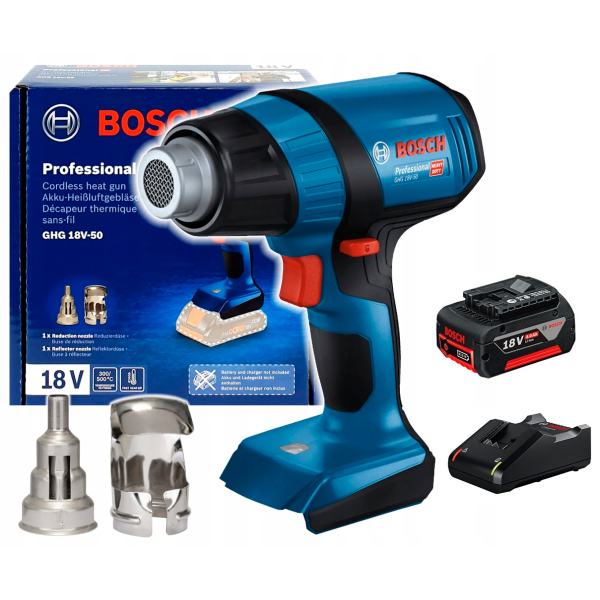Акумуляторний технічний фен Bosch Professional GHG 18V-40, 1x4.0Ah, з/п GAL 18V-40, 2 насадки