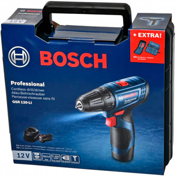 Аккумуляторный шуруповерт Bosch Professional GSR 120-LI, 2x12 В 2.0Ah, з/у GAL 1210 CV, кейс, набор бит