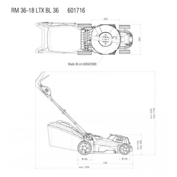 Акумуляторна газонокосарка Metabo RM 36-18 LTX BL 36, каркас