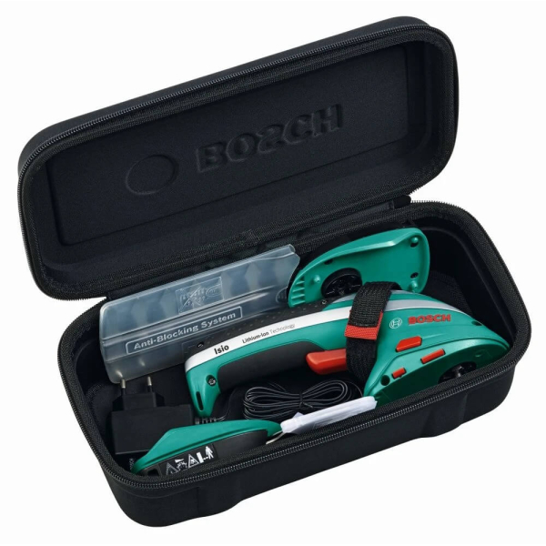 Кусторез-ножницы аккумуляторный Bosch ISIO 3 в чехле с ножом для травы, ножом кустореза, акб и з/у